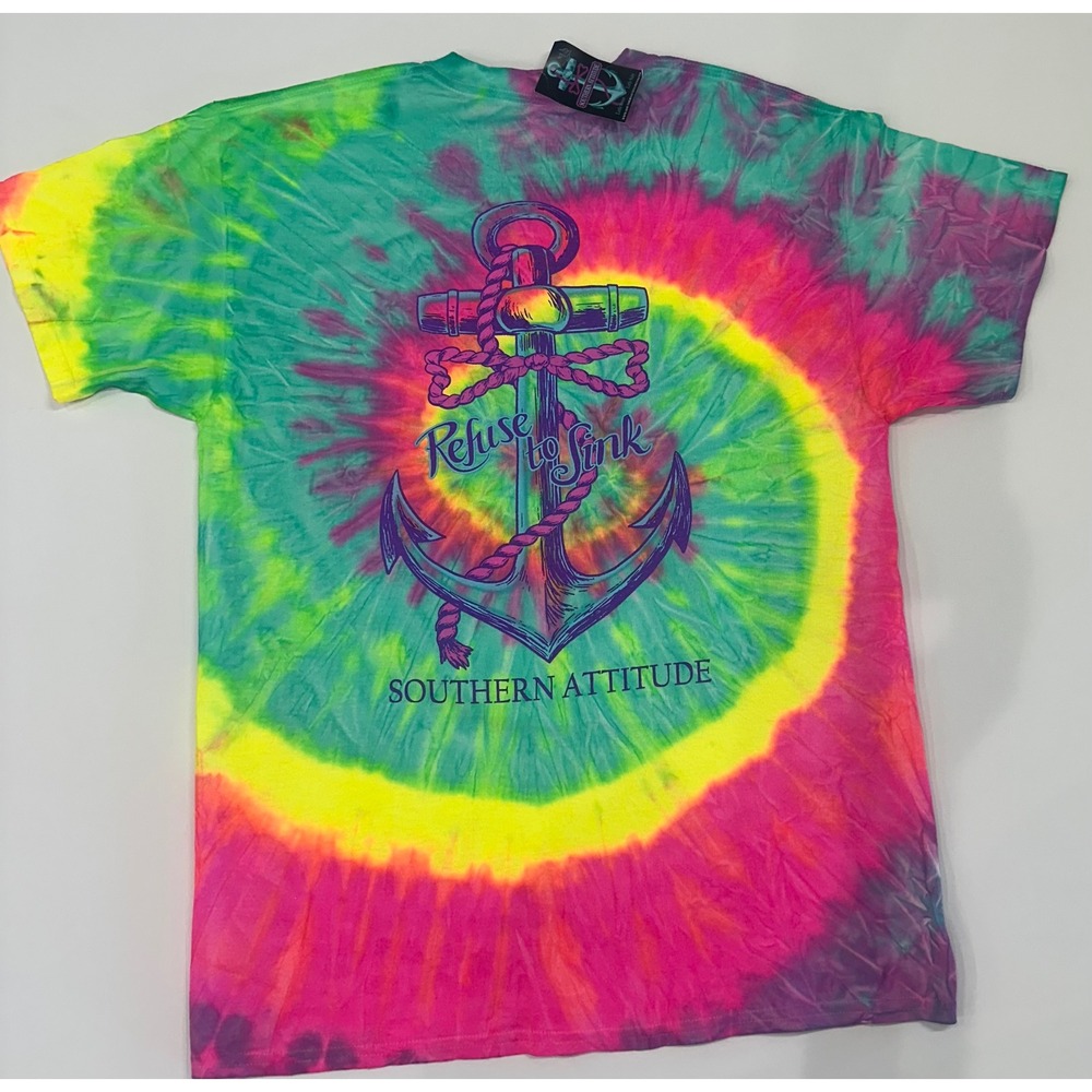 Southern Attitude Refuse to Sink Tie Dye T-Shirt Anchor Graphic Neon Pink Green
